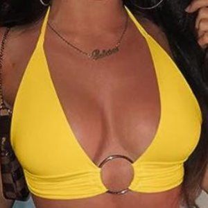 Small Yellow Women's Sleeveless Halter Deep V Tie Up Summer Crop Top